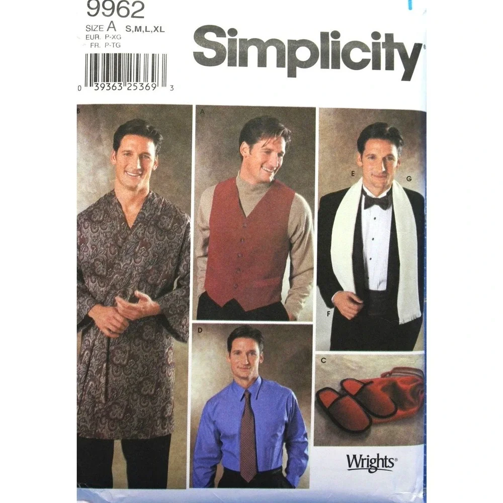 Simplicity Sewing Pattern 9962 Vest Robe Ties Cummerbund Scarf Slippers S-L